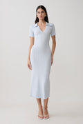 Nichelle Short Sleeve Collared Knit Midi Dress - Light Blue