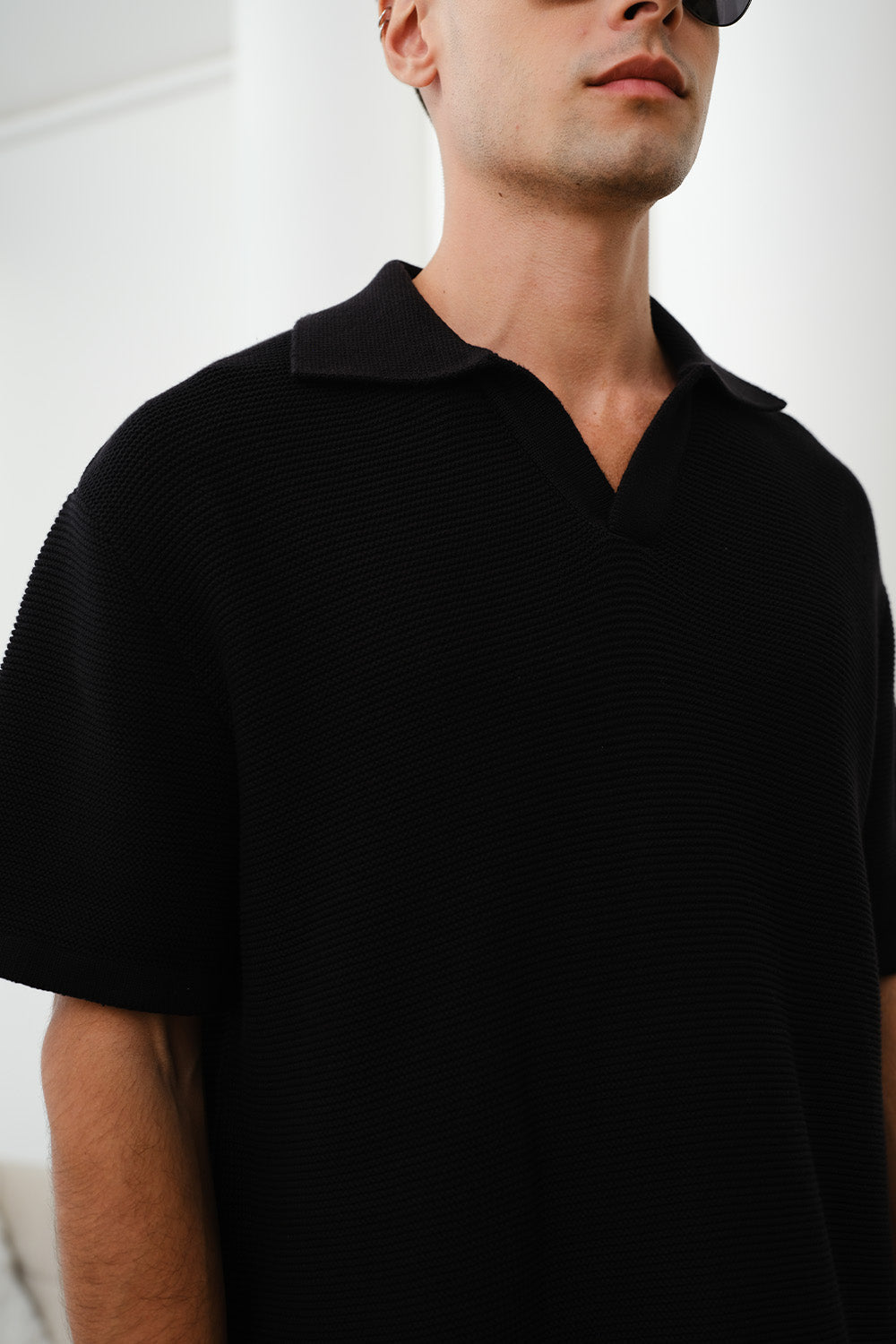 Black Knit Textured Polo T-shirt