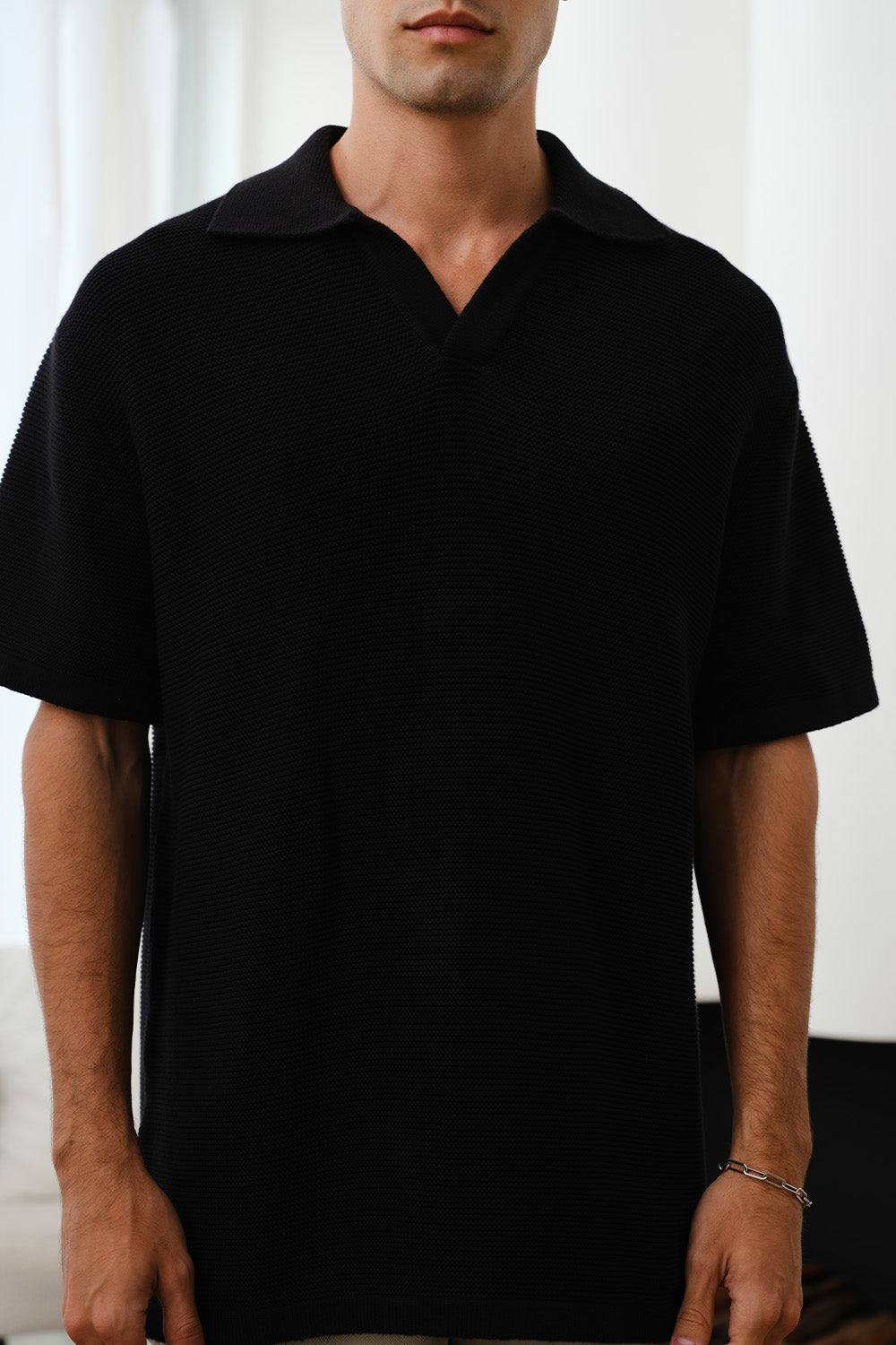 Black Knit Textured Polo T-shirt