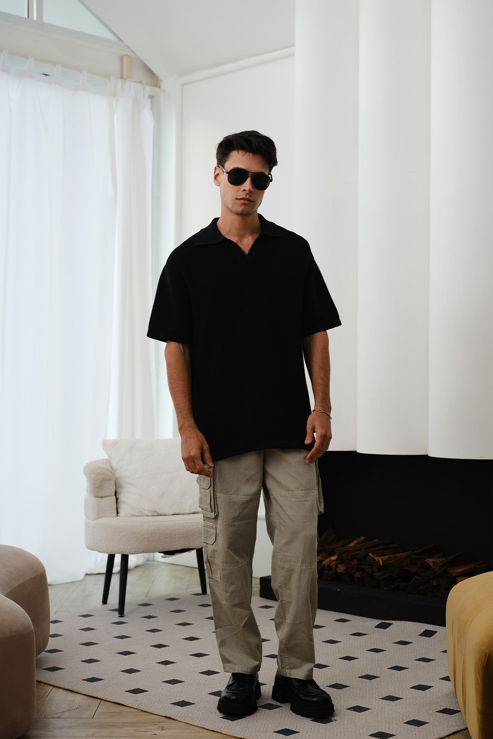 Black Knit Textured Polo T-shirt