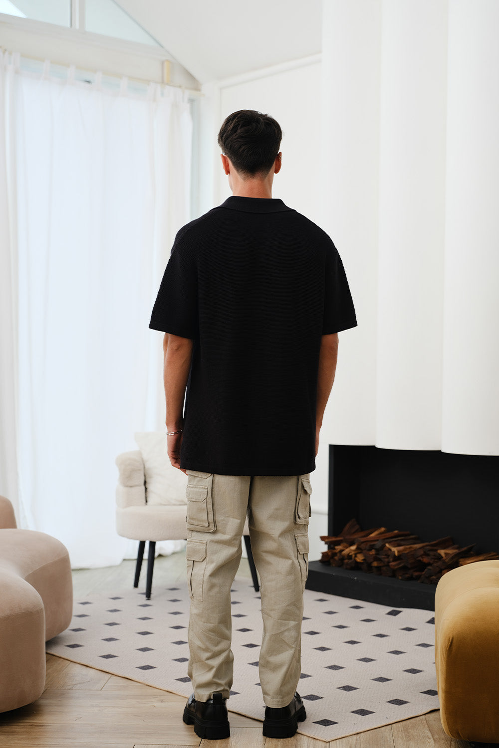Black Knit Textured Polo T-shirt