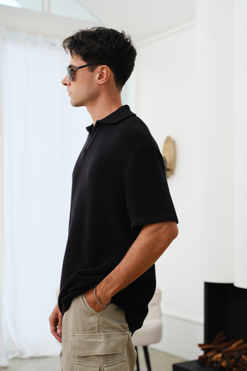 Black Knit Textured Polo T-shirt
