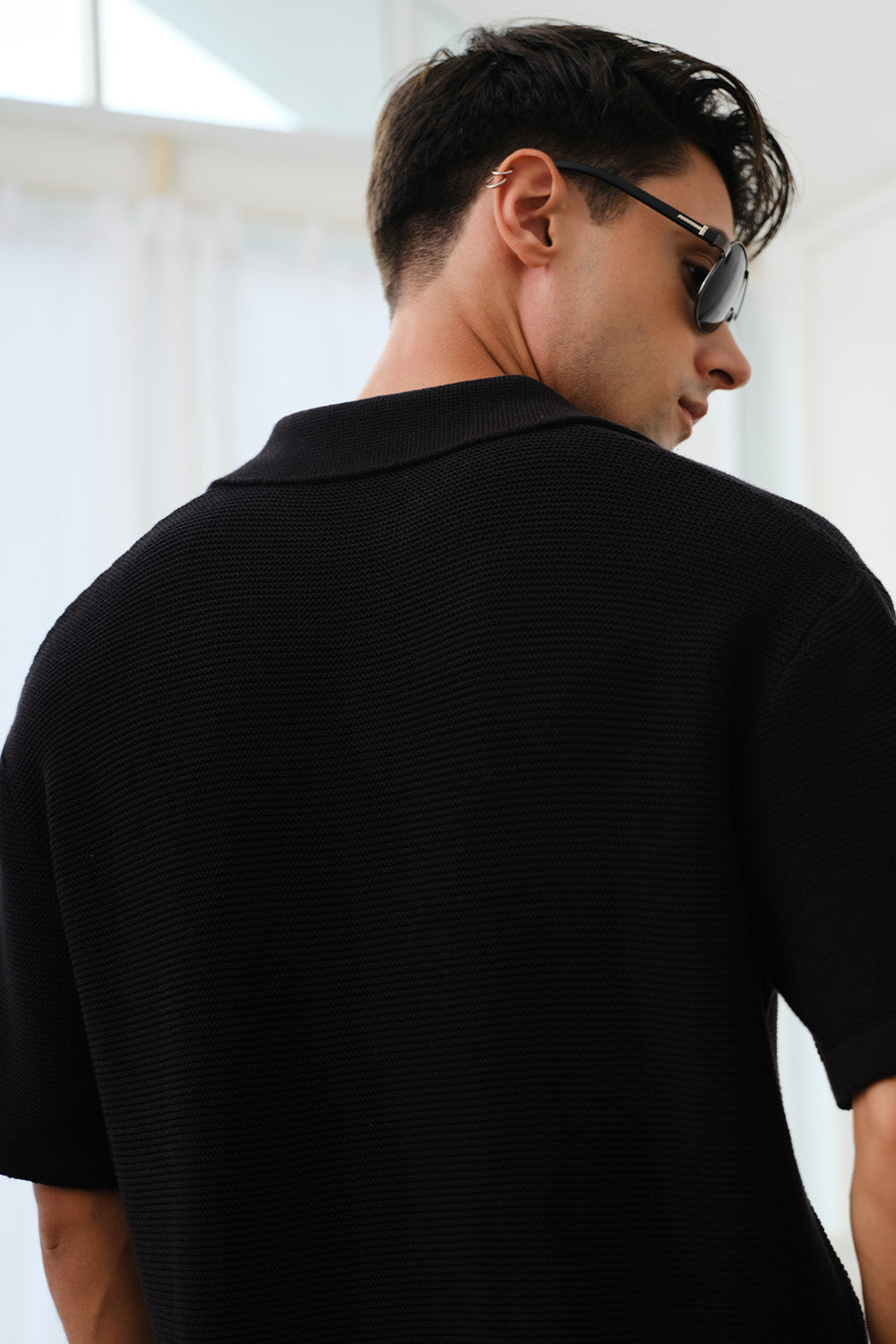Black Knit Textured Polo T-shirt