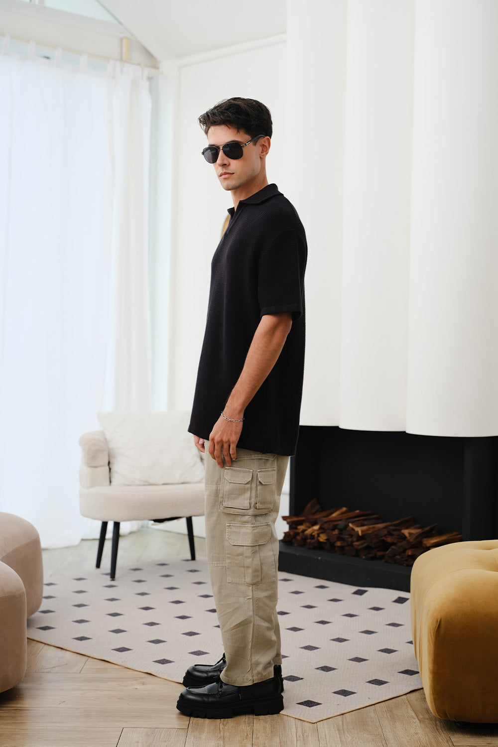 Black Knit Textured Polo T-shirt
