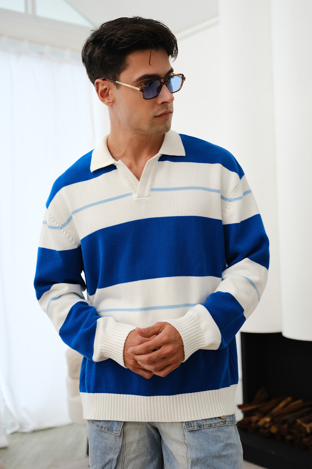 Blue Stripe V-Neck Knit Polo