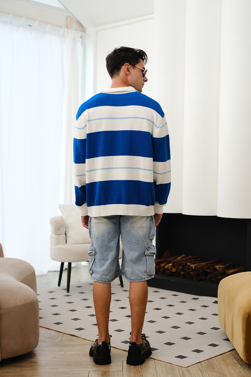 Blue Stripe V-Neck Knit Polo
