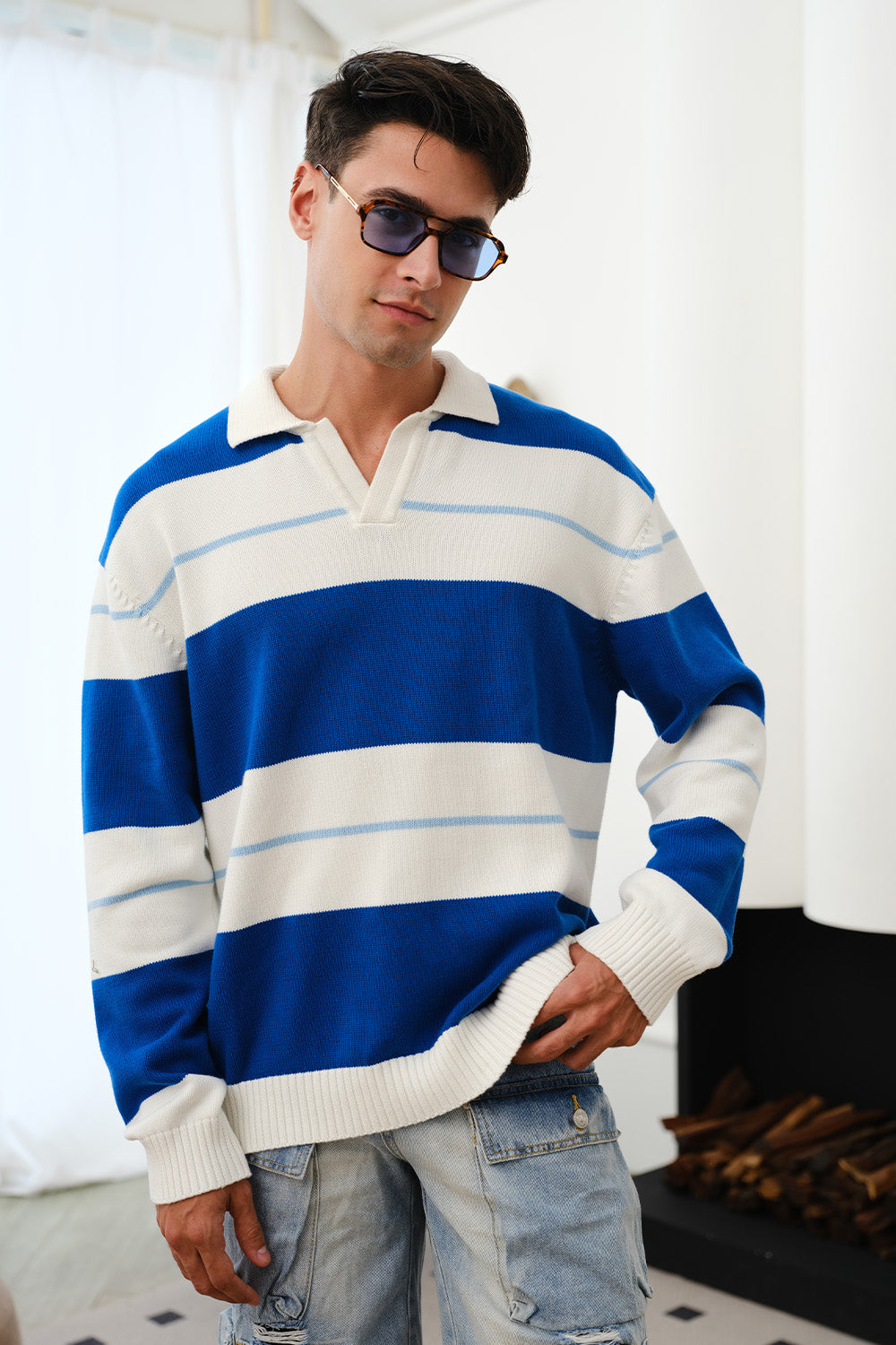 Blue Stripe V-Neck Knit Polo