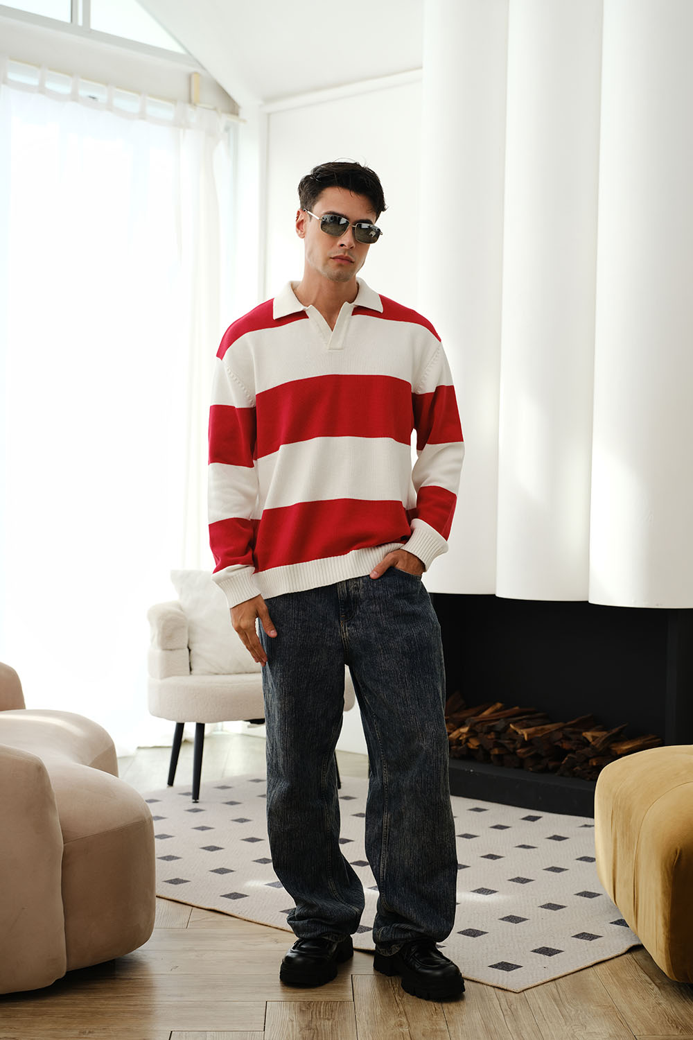 Red Stripe V-Neck Knit Polo