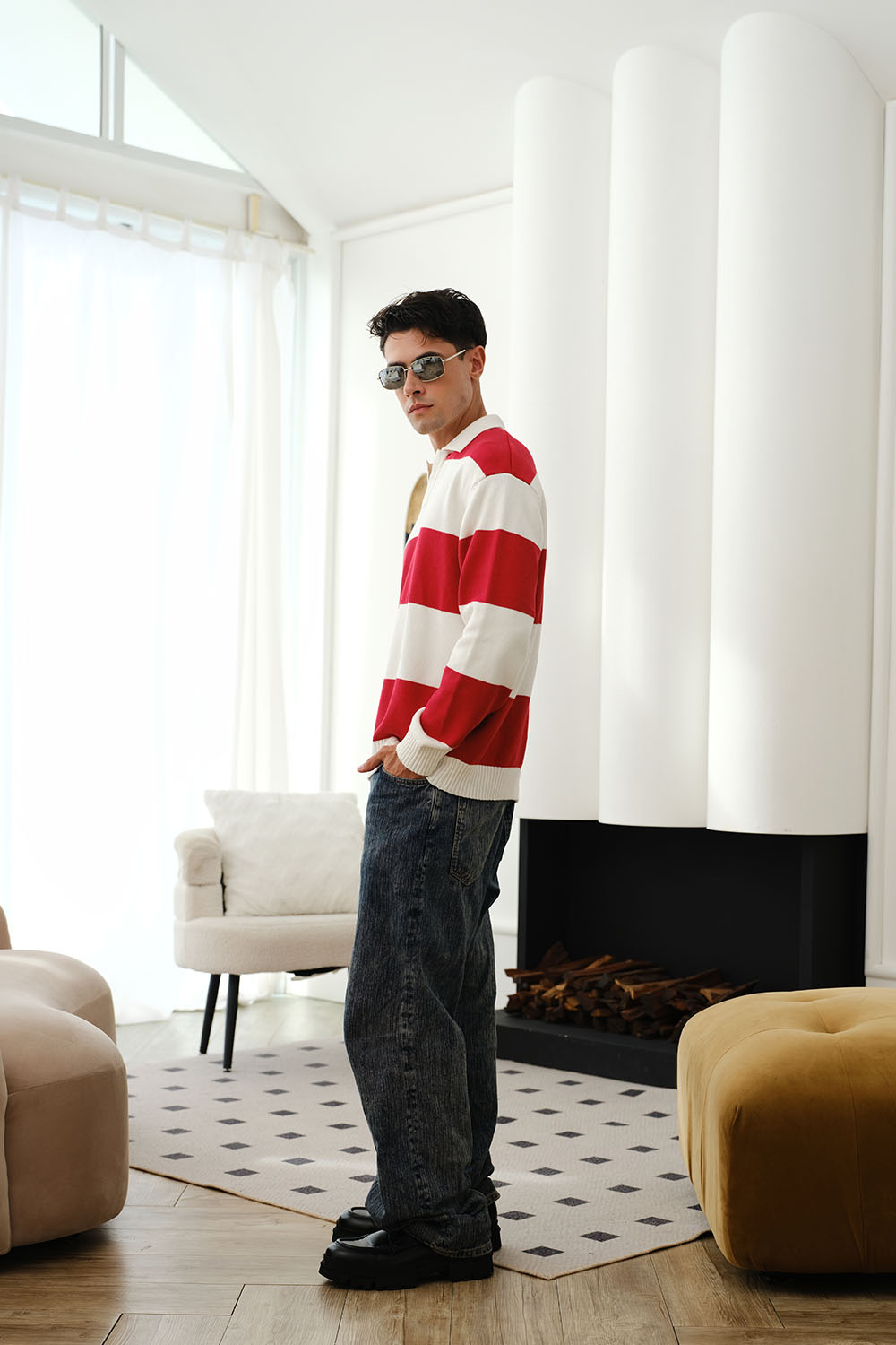 Red Stripe V-Neck Knit Polo