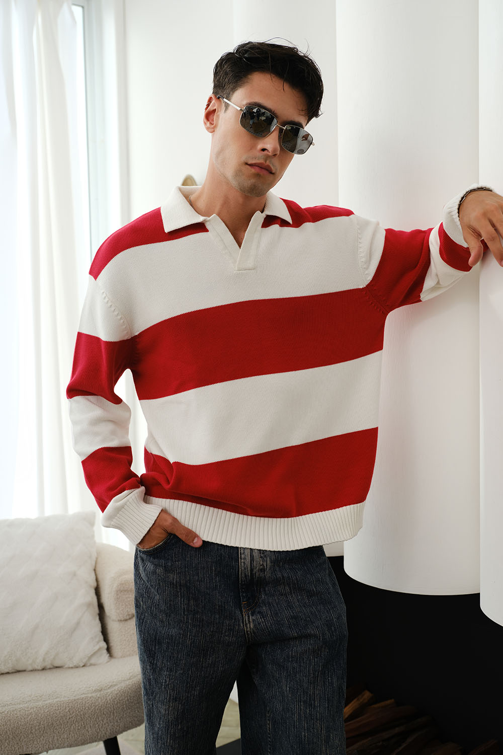 Red Stripe V-Neck Knit Polo