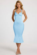 Satin Sweetheart Bustier Fishtail Midaxi Dress in Powder Blue